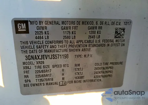 2018 Chevrolet Equinox Lt z USA, uszkodzony, nr VIN 3GNAXJEV1JS571198